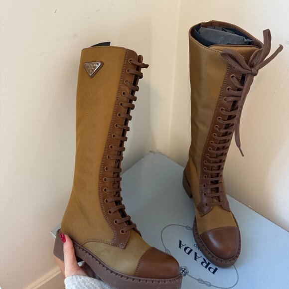 NWT Prada Tall Boots Tobacco Brown Leather Lace up Round Toe Sz 35 - Picture 5 of 11